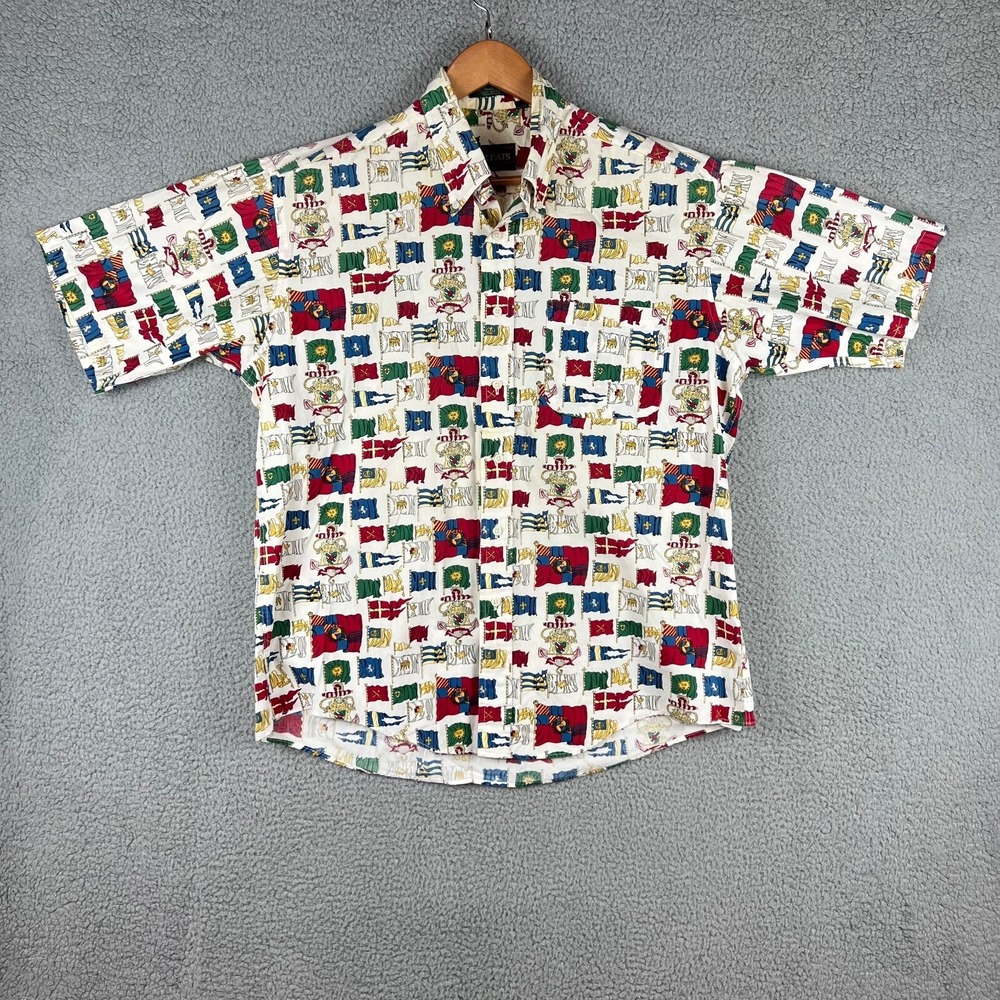 Vintage Pleats Shirt Mens Large Allover Flag Print Graphic Made in USA Button Up